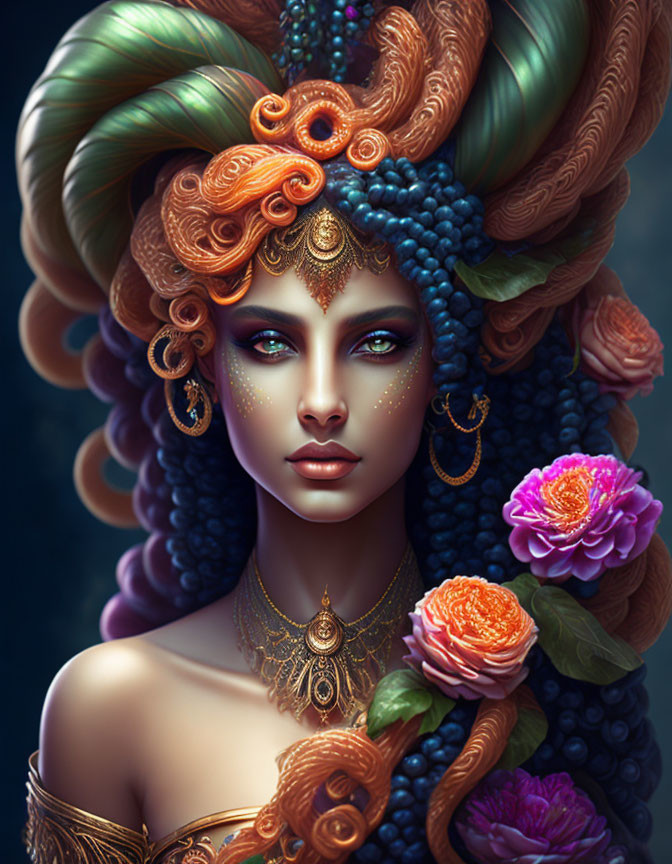 Detailed digital artwork of woman with ornate floral hair and jewelry