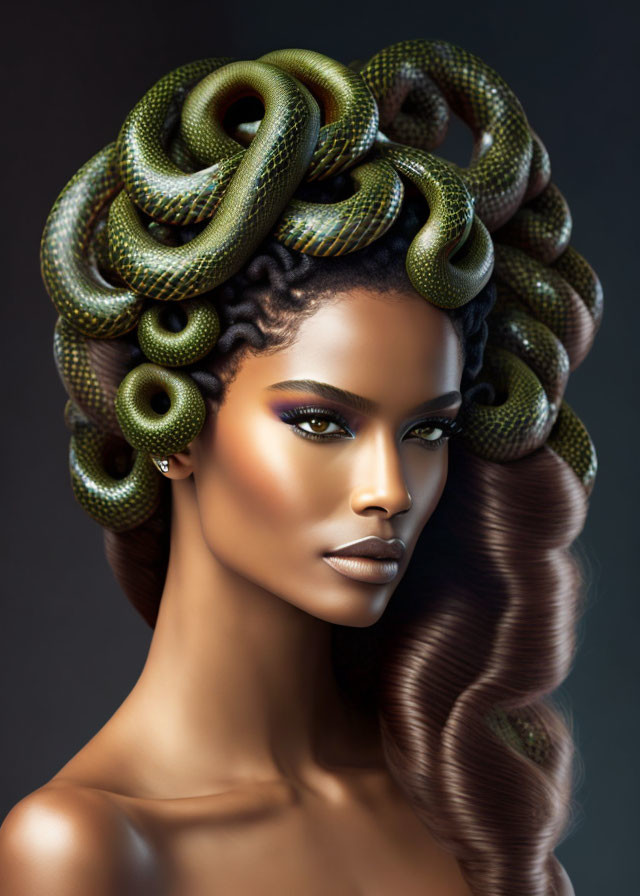 Woman with elaborate snake-themed hairstyle on dark background