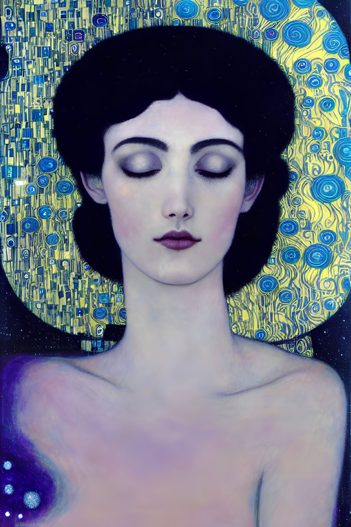 Portrait of a Woman with Pale Skin and Dark Hair in Dreamlike Setting