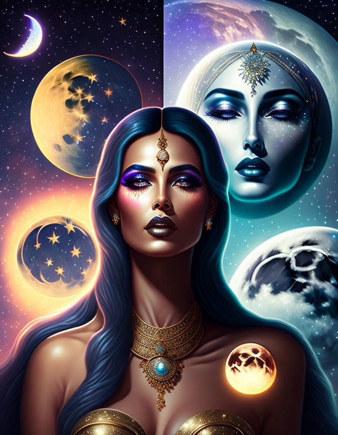 Digital Artwork: Woman with Cosmic Features Surrounded by Celestial Bodies