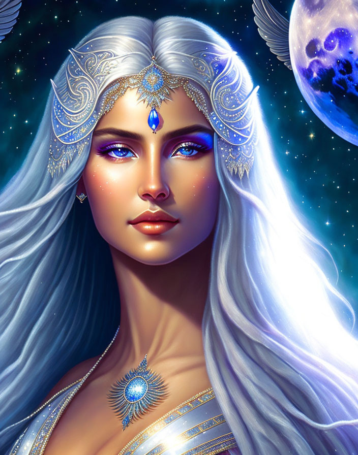 Fantasy digital artwork: Silver-haired woman with star jewelry in cosmic setting