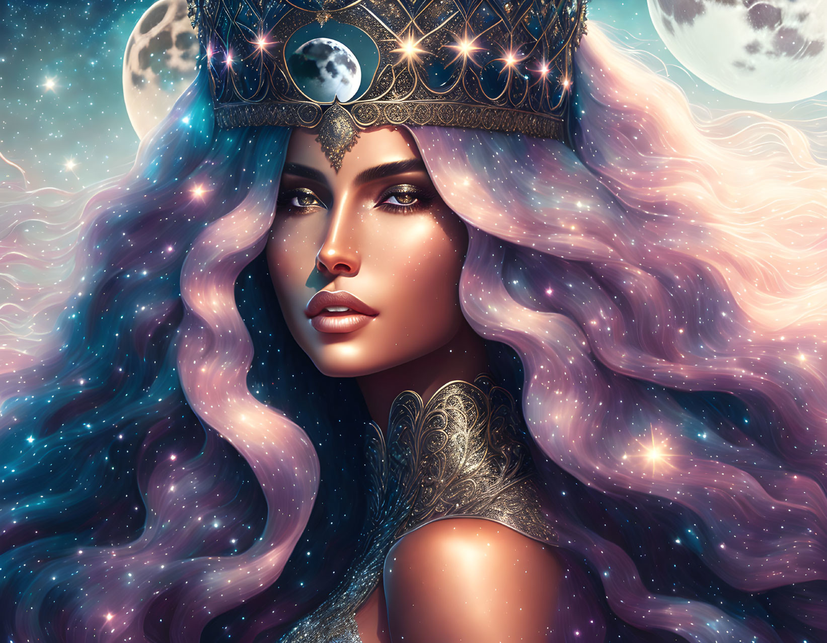 Celestial-themed woman with multicolor hair and tattoos in cosmic setting