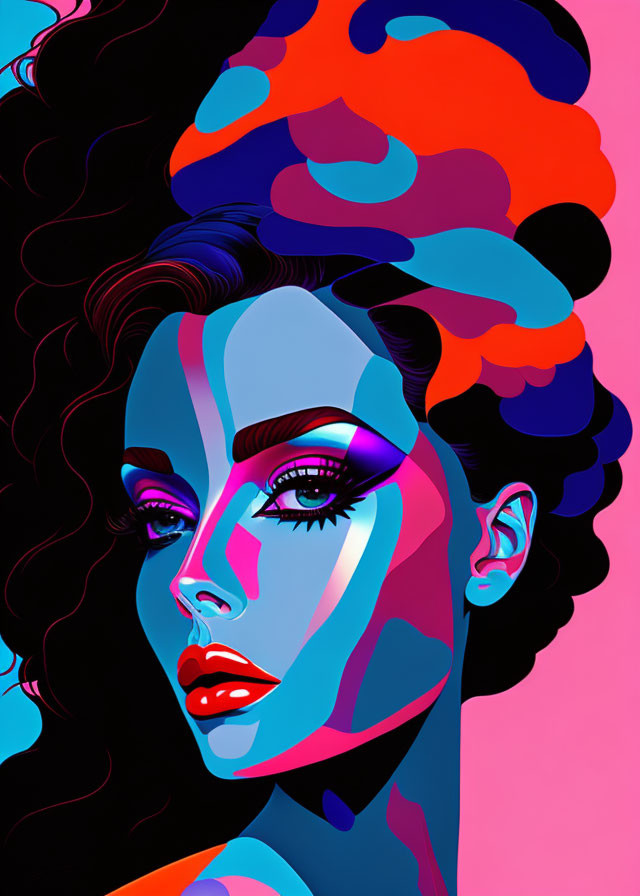 Vibrant blue and pink digital portrait of a woman