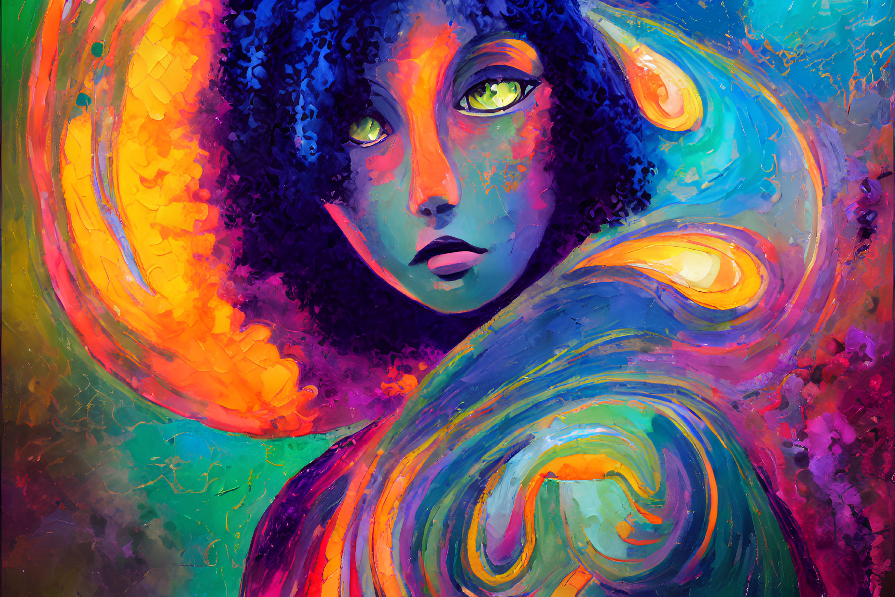 Colorful portrait of woman with curly hair and green eyes in cosmic swirls