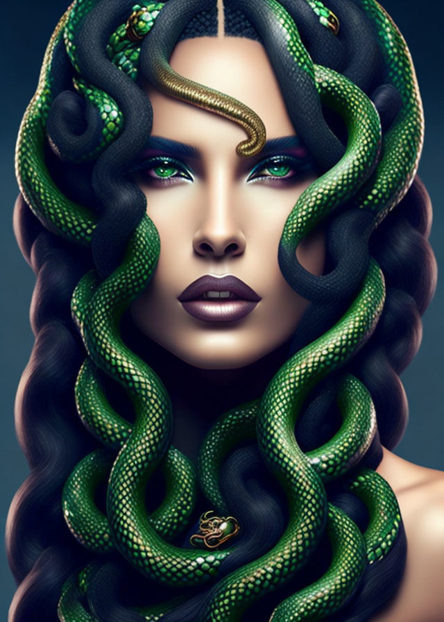 Woman with Medusa-Inspired Green Snake Hair and Striking Makeup