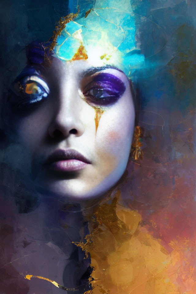 Vibrant abstract makeup in blue, yellow, and purple with colorful backdrop