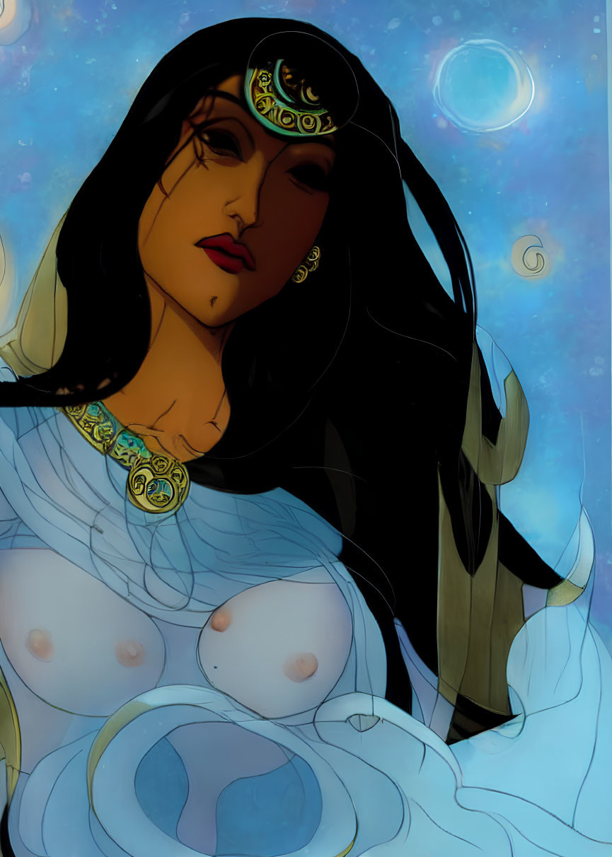 Detailed illustration of woman with dark hair and golden accessories on celestial blue background.