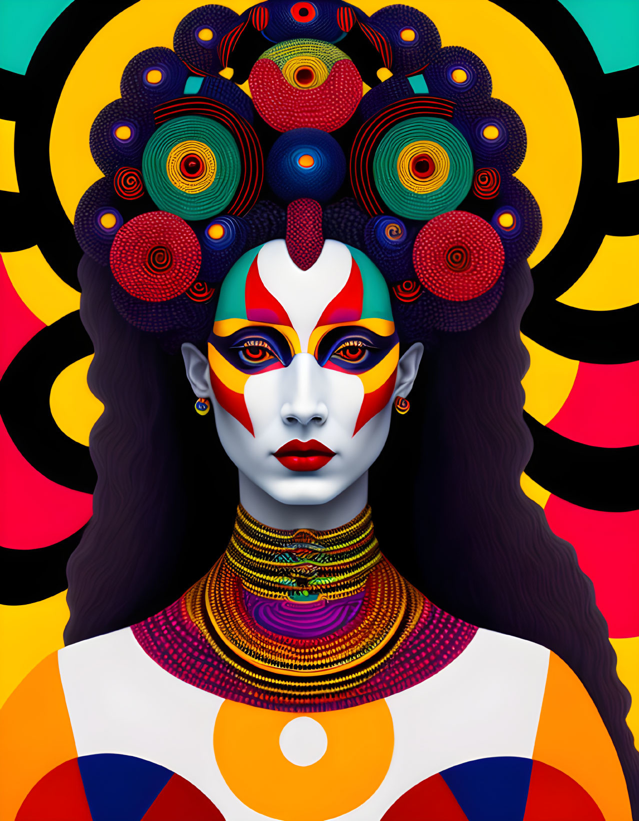 Colorful digital portrait of a woman with face paint and vibrant headdress on psychedelic background