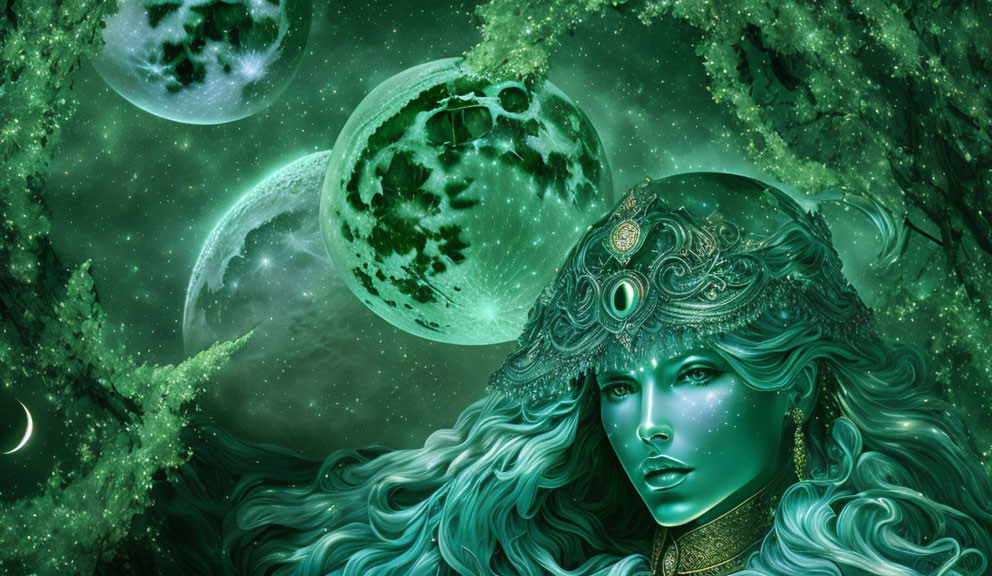 Ethereal green-toned woman with cosmic backdrop