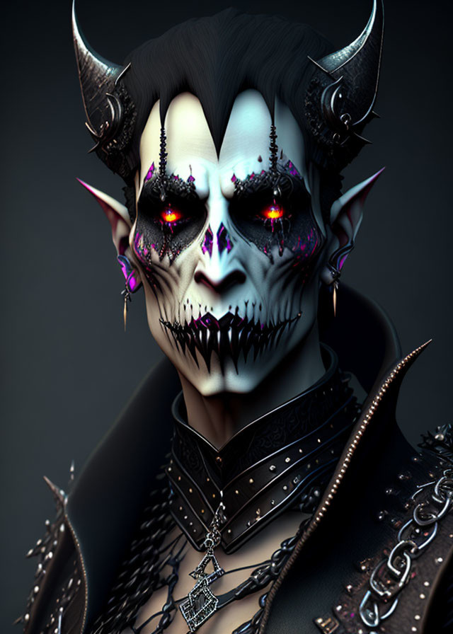 Pale-skinned fantasy character with red eyes, black lips, horns, piercings, dark suit