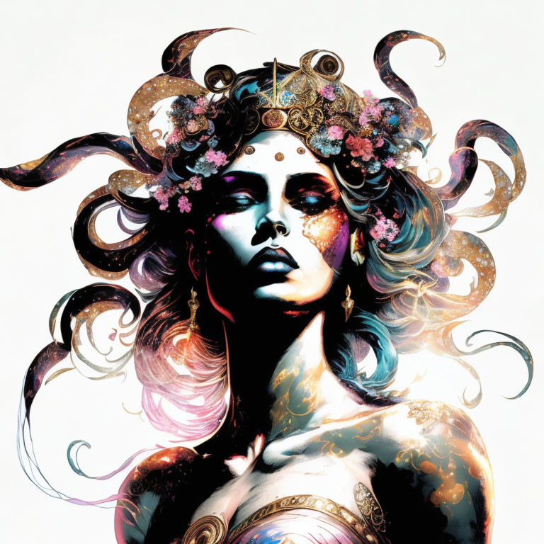 Elaborate floral crown on woman's digital portrait