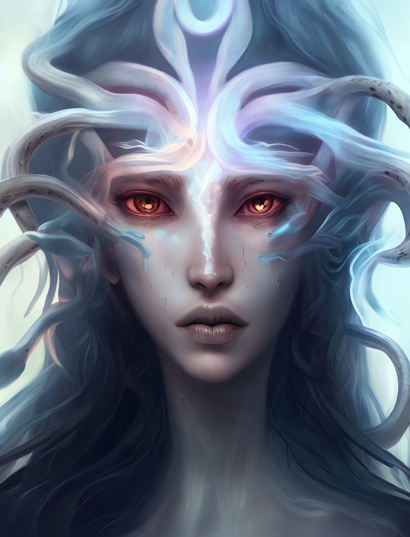 Female fantasy portrait with glowing red eyes, ethereal blue-white antlers, and dark flowing hair