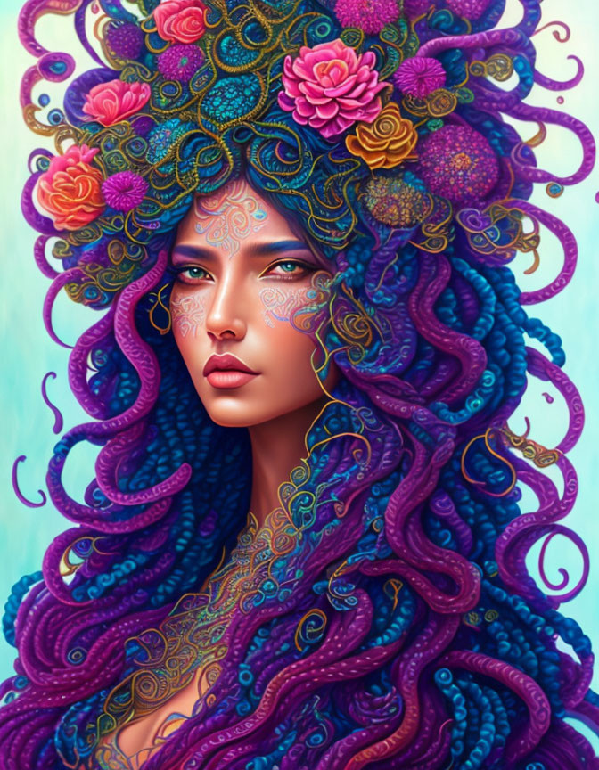 Woman with Blue Curly Hair and Floral Patterns Portrait