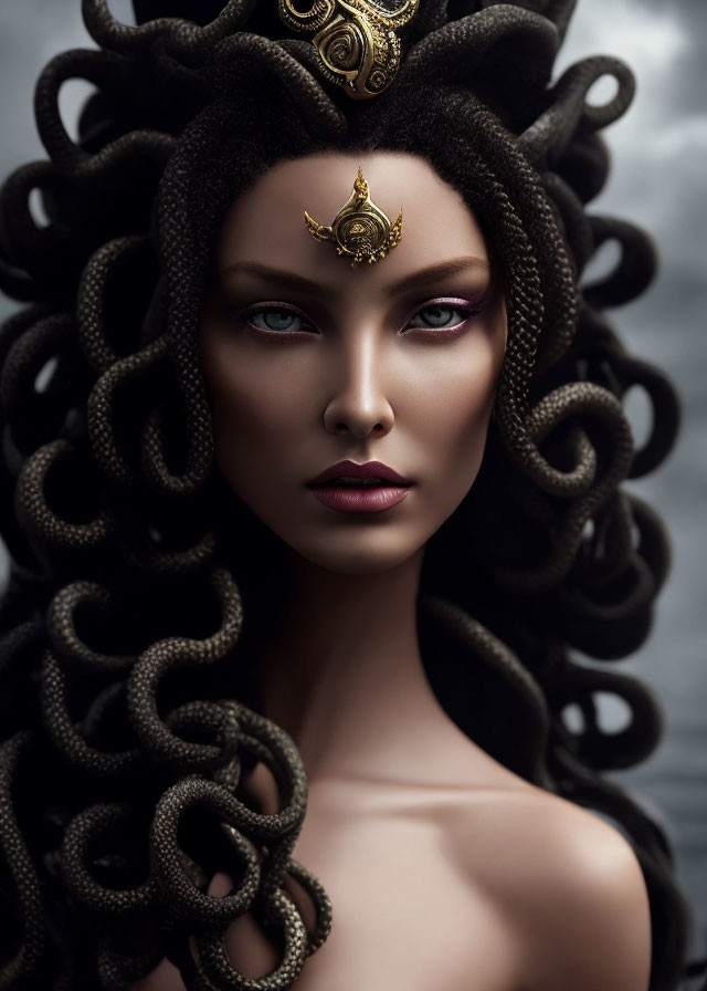 Intricate portrait of woman with Medusa-like appearance