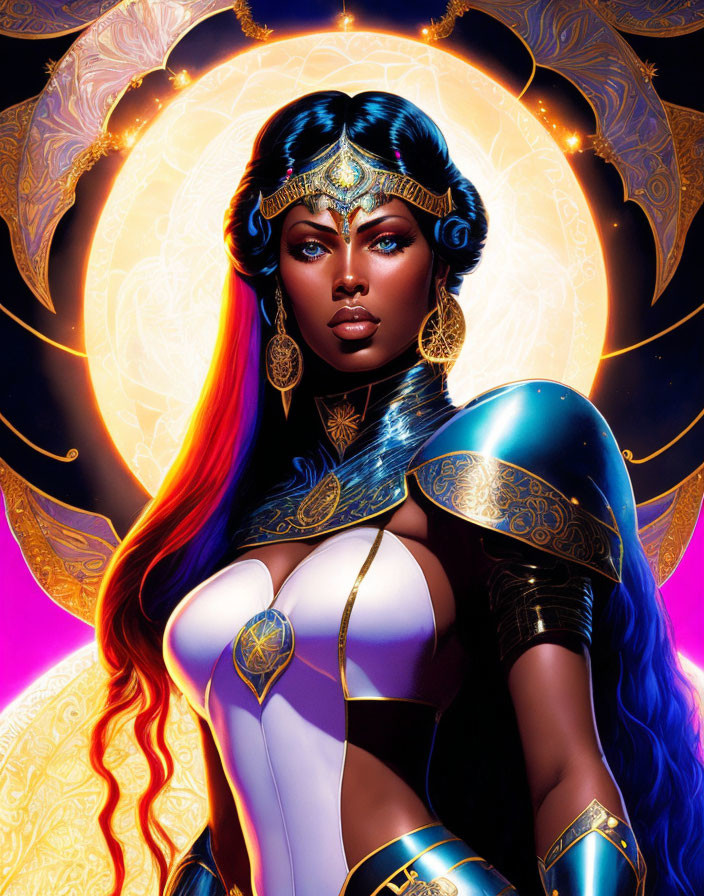 Golden headwear and armor on a woman in cosmic setting