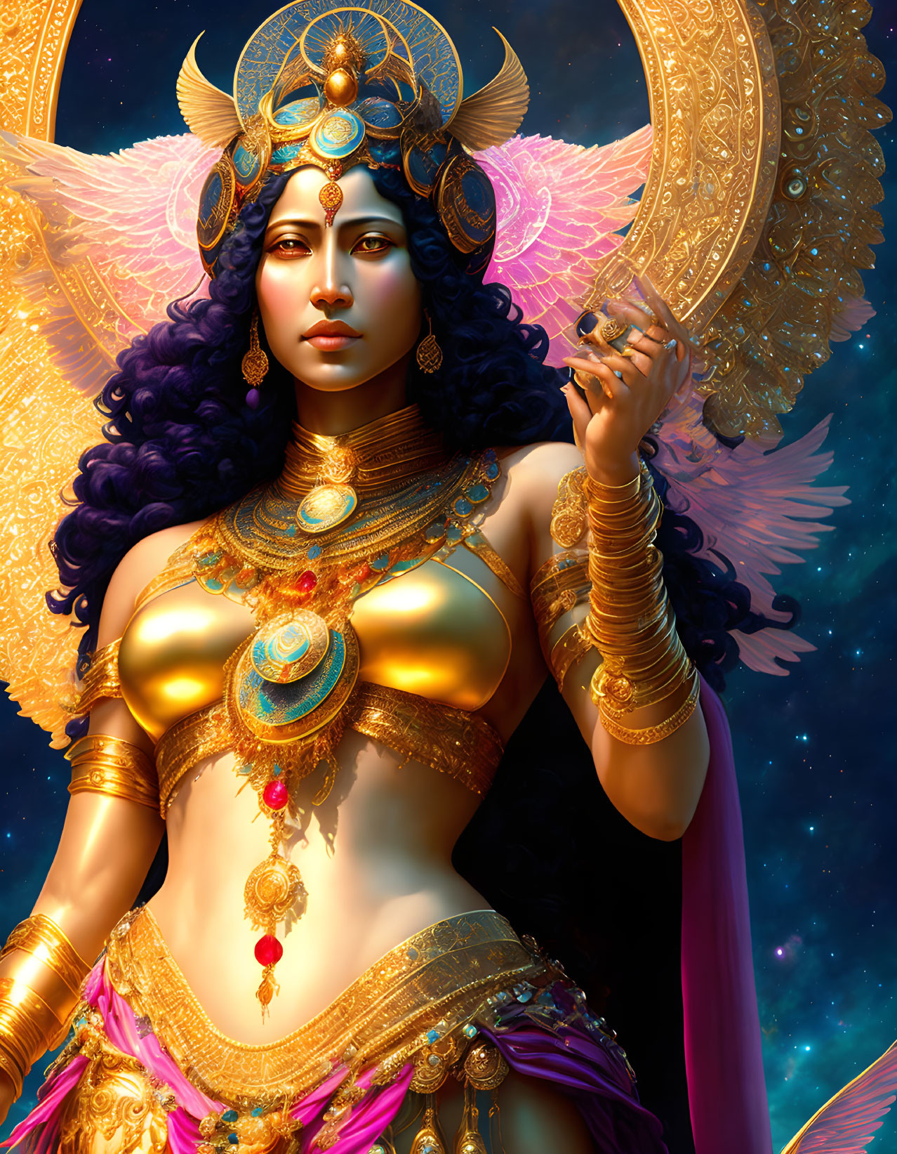 Blue-skinned woman with golden jewelry in cosmic setting