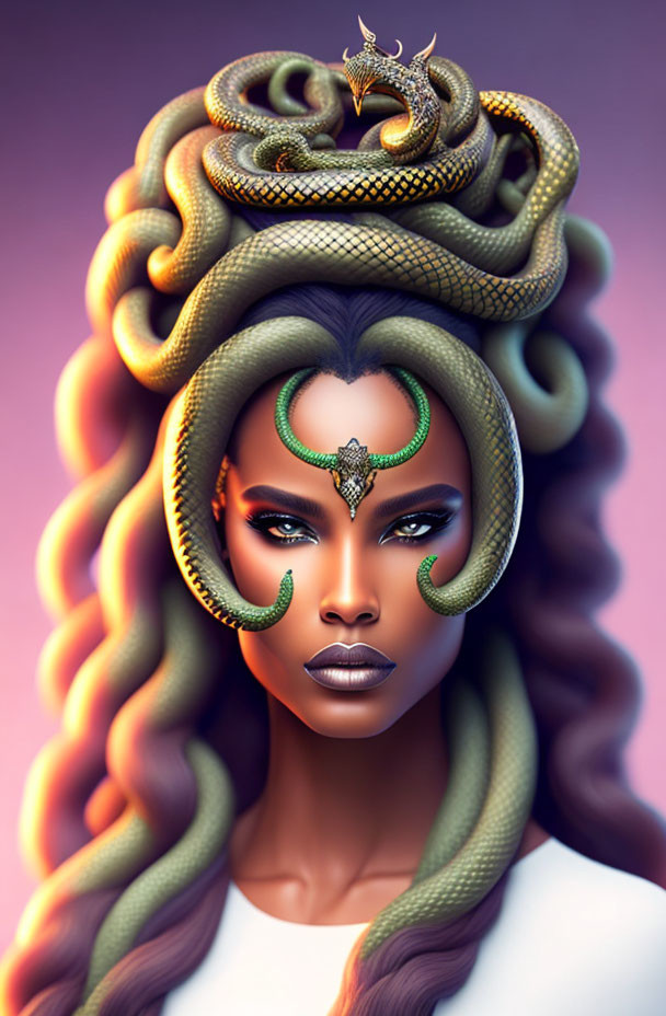 Woman with snakes in hair digital artwork: Medusa-inspired, intense gaze, striking makeup