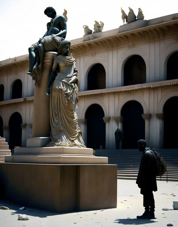 Cloaked figure at statue in sunlit courtyard with classical architecture.