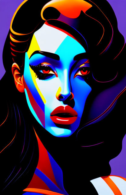 Colorful digital artwork of woman with bold makeup on purple backdrop