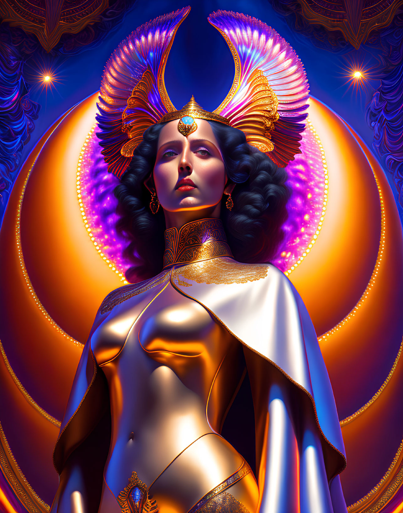 Golden-clad regal figure in front of glowing mandala-like background