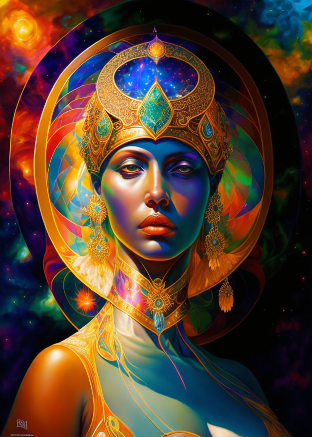 Cosmic woman with ornate headdress in vibrant digital painting