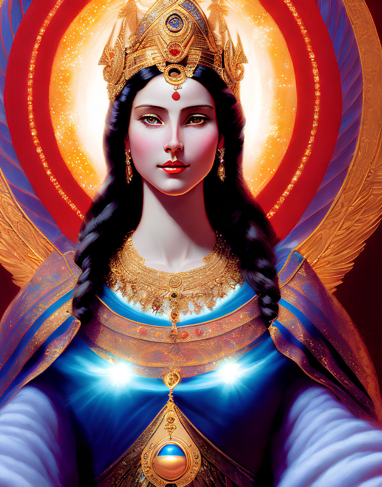 Regal woman with golden crown and jewelry against vibrant wings