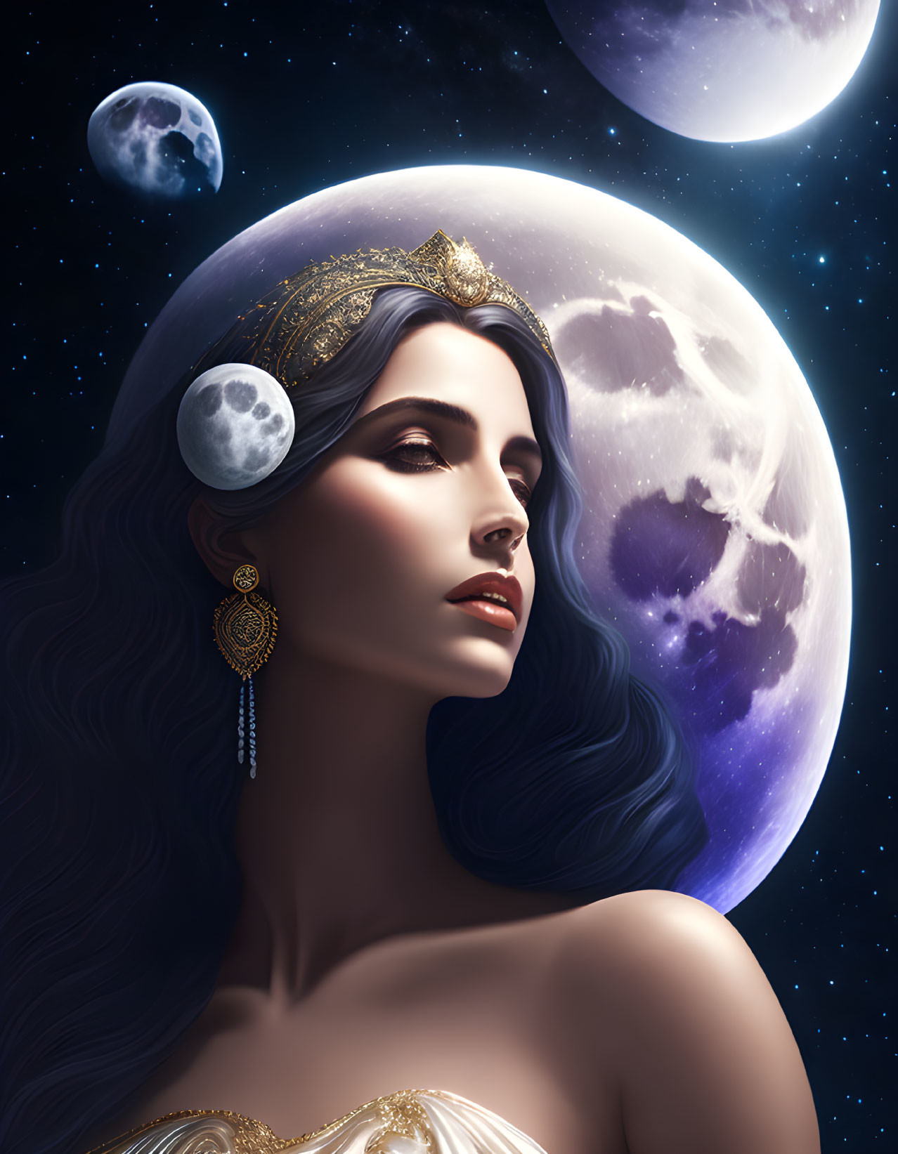 Illustrated woman with golden tiara and earrings against moonlit backdrop