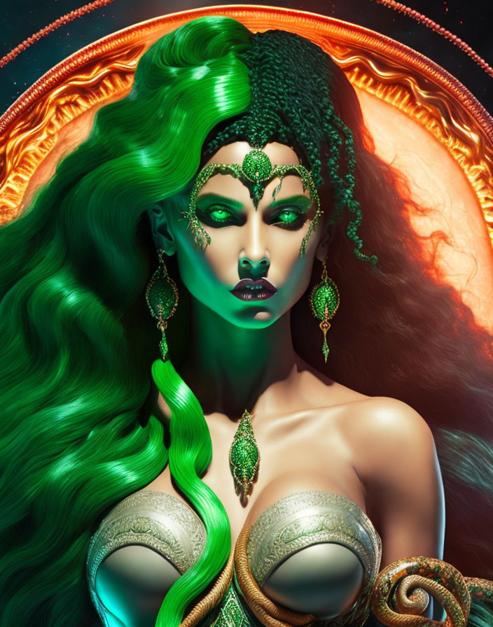 Digital artwork: Woman with green skin, hair, gold jewelry, eclipse backdrop