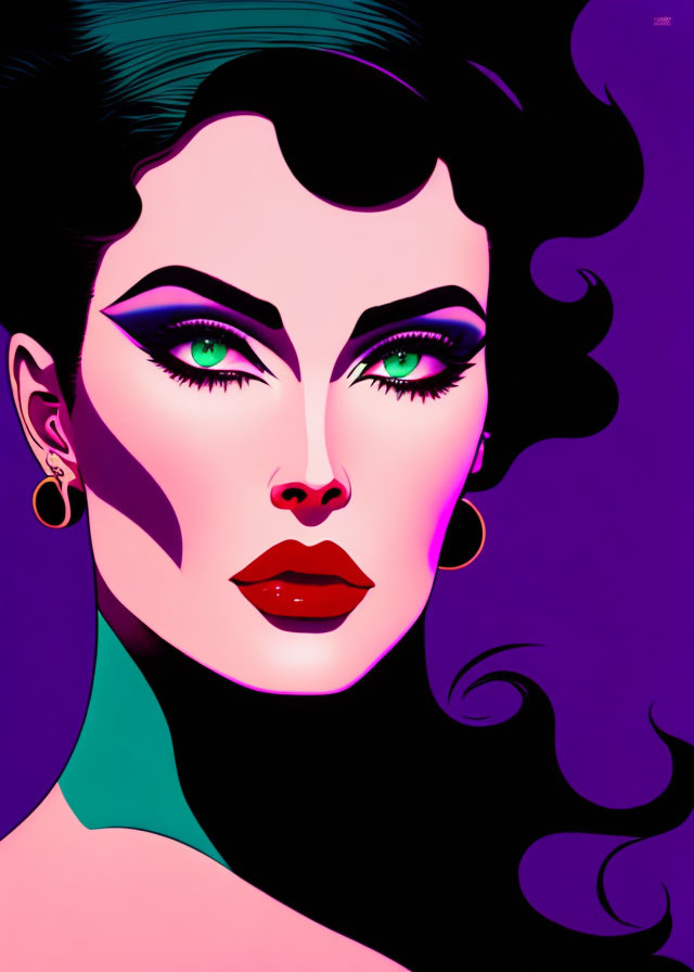 Woman with Green Eyes, Red Lipstick, and Wavy Black Hair on Purple Background