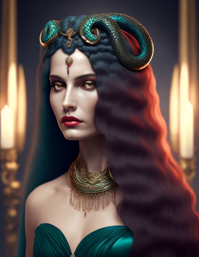 Woman with serpentine hair and snake, adorned with jewelry, gazes among lit candles