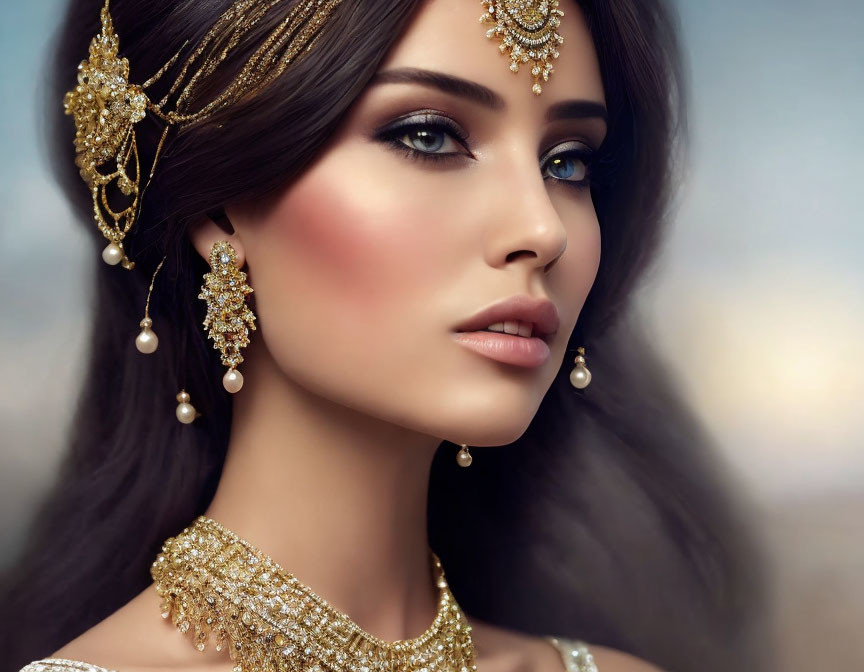 Woman adorned with elaborate gold jewelry and striking blue eyes