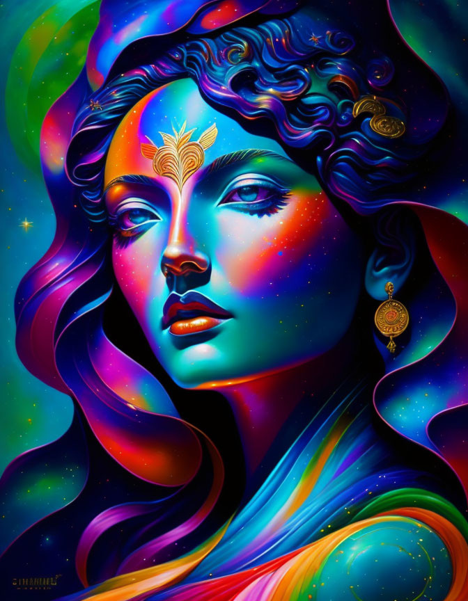 Colorful digital artwork: Woman with cosmic colors, flowing hair, headpiece, starry background