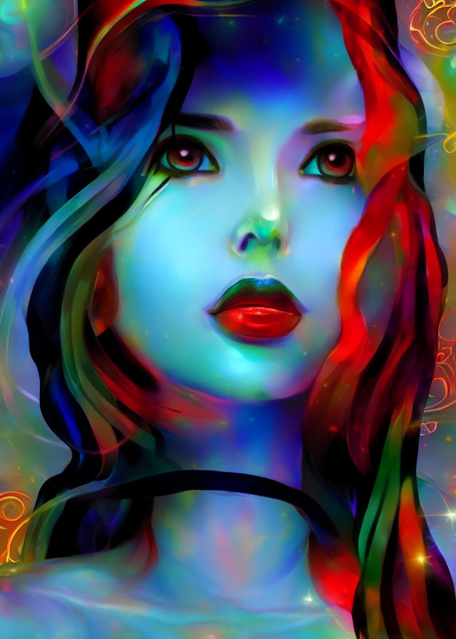 Colorful portrait of a woman with neon hues and red lips