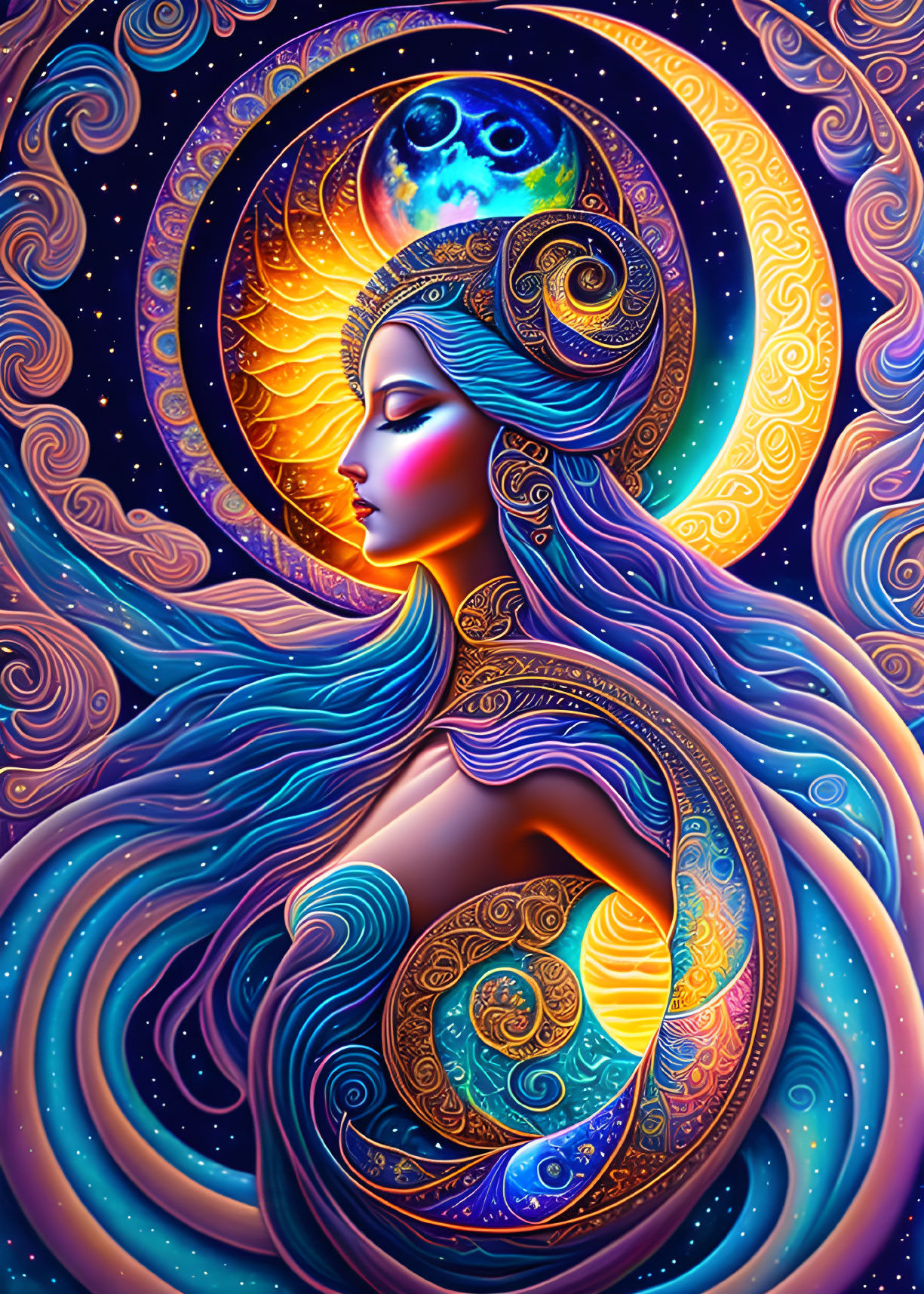 Colorful female figure with cosmic patterns in hair against starry space backdrop