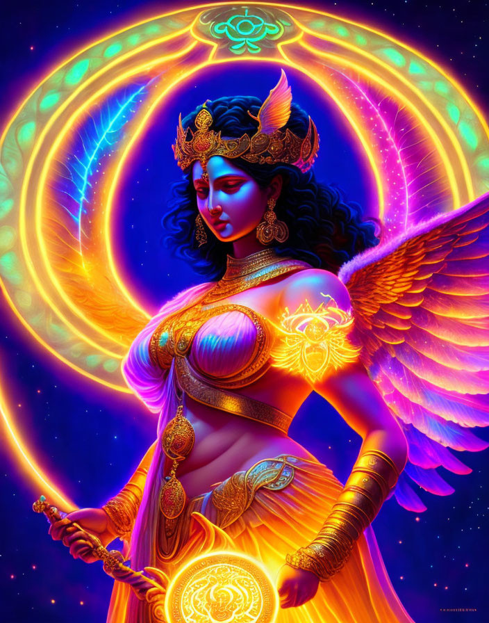 Colorful artwork: Winged female in golden attire on cosmic backdrop