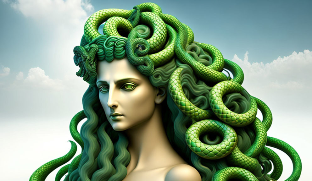 Mythical figure with green snake hair on cloudy sky background