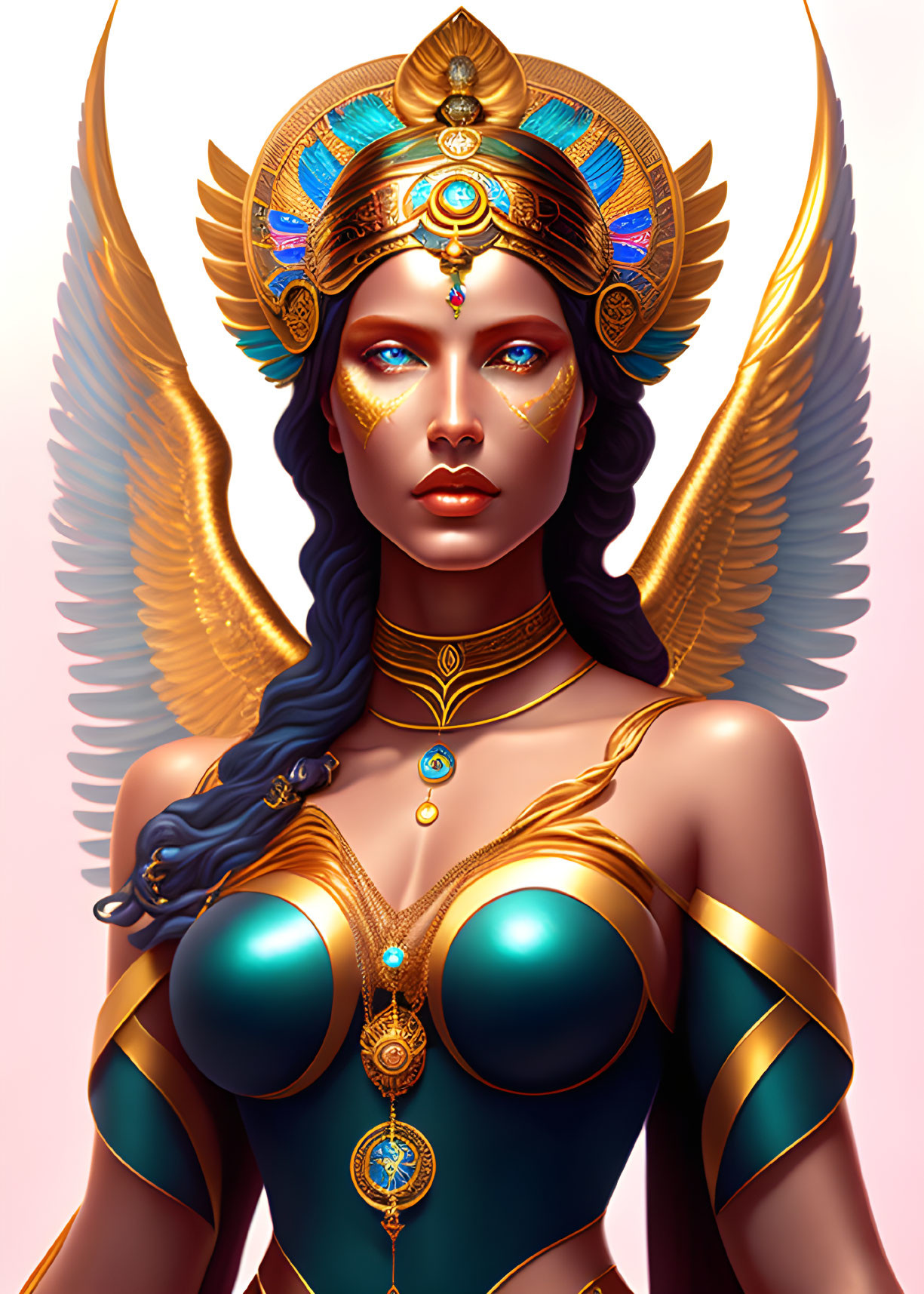 Regal woman with golden wings and blue headdress in intricate illustration