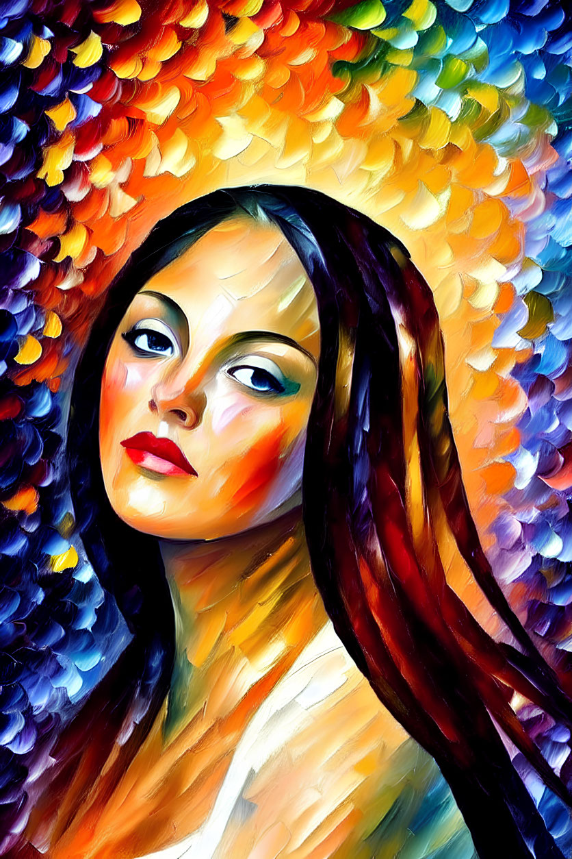 Vibrant painted portrait of a woman with long brown hair and intense gaze