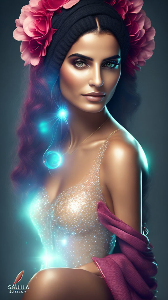 Digital artwork: Woman with glowing skin in floral headpiece and sheer garment