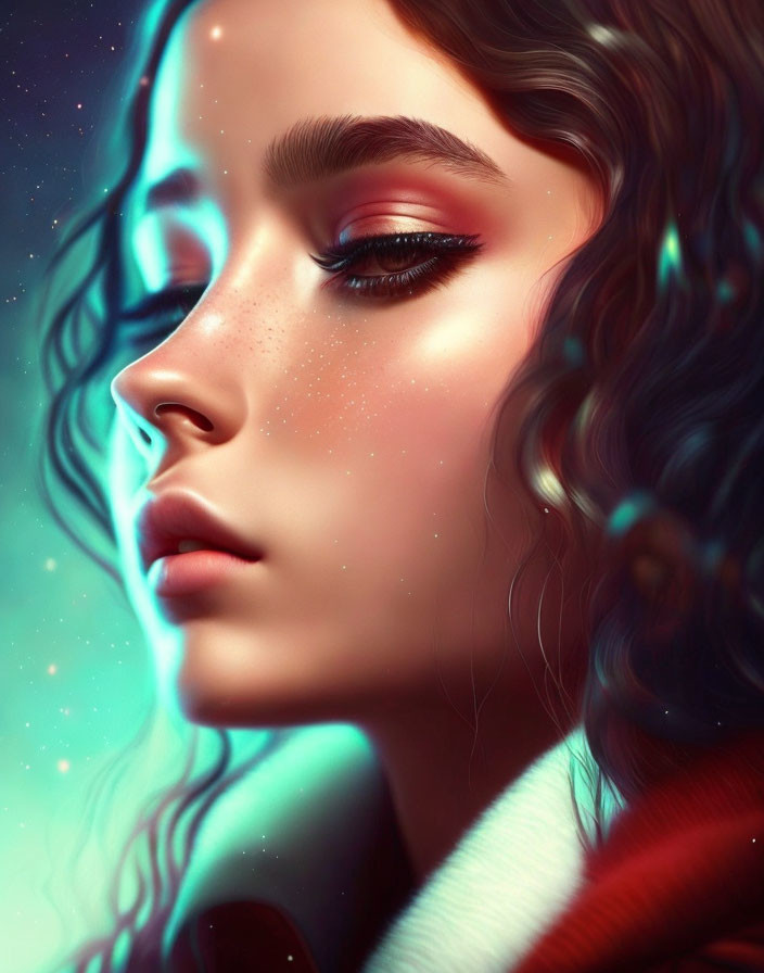 Woman with Wavy Hair and Sparkling Skin in Cosmic Setting