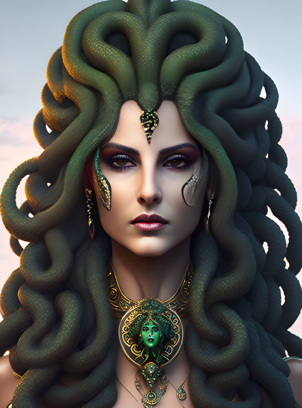 Stylized portrait of woman with serpentine hair and gold jewelry