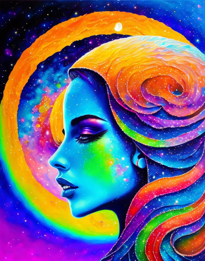 Colorful woman's profile art with cosmic background: stars, planet, crescent moon