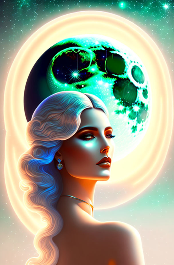 Surreal white-haired woman with glowing halo surrounded by cosmic elements