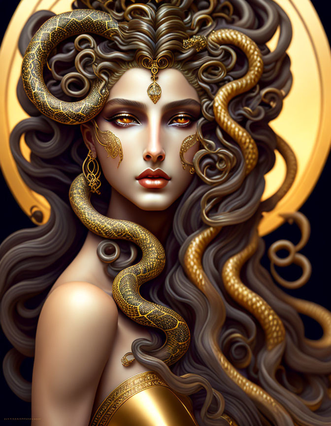 Illustrated woman with golden snake hair and ornate jewelry against crescent moon.