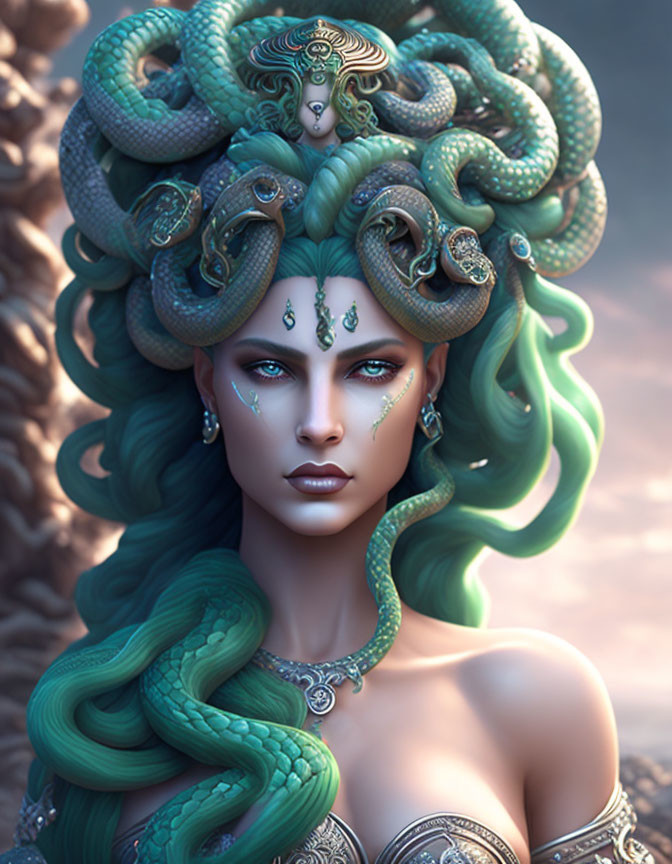 Digital portrait of a Medusa-like figure with serpent crown and captivating gaze in rocky setting