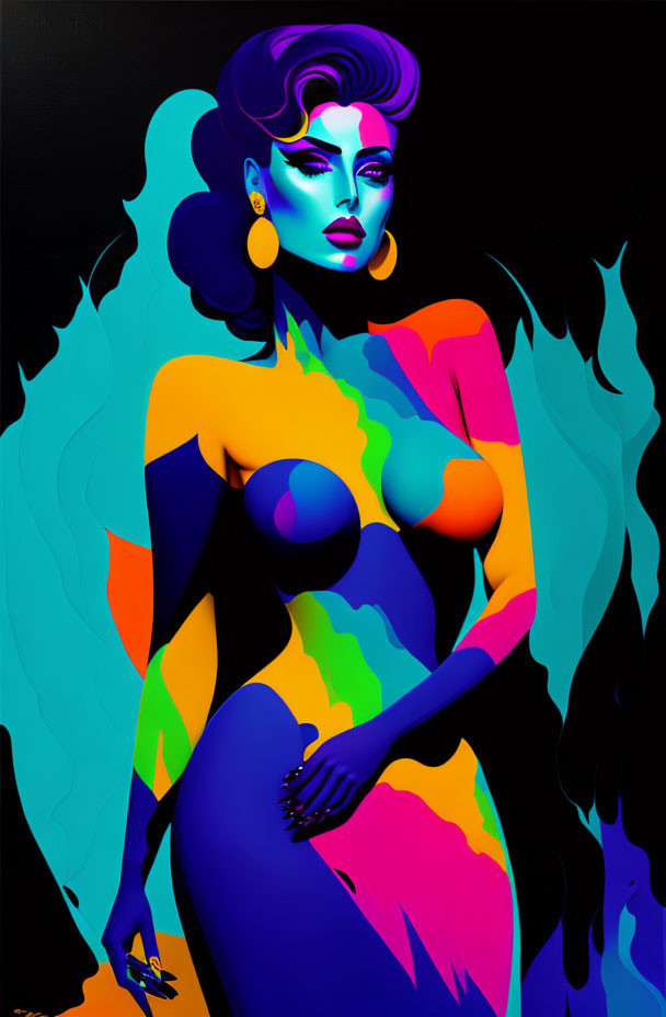 Vibrant rainbow woman against dark backdrop