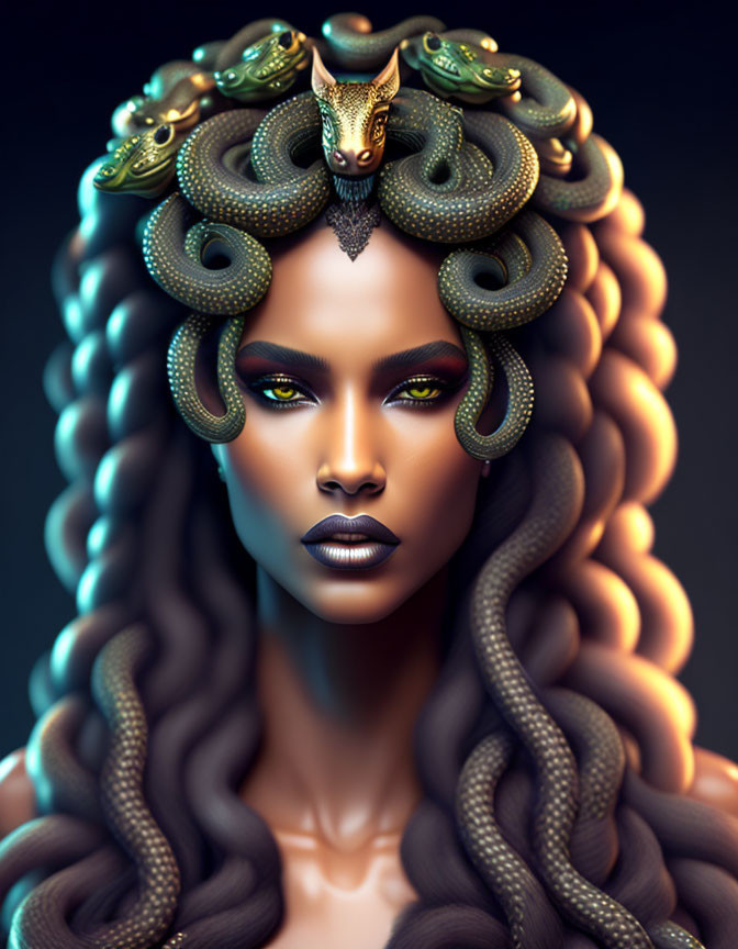 Digital artwork of a woman with snake hair in Medusa style and mystical ambiance