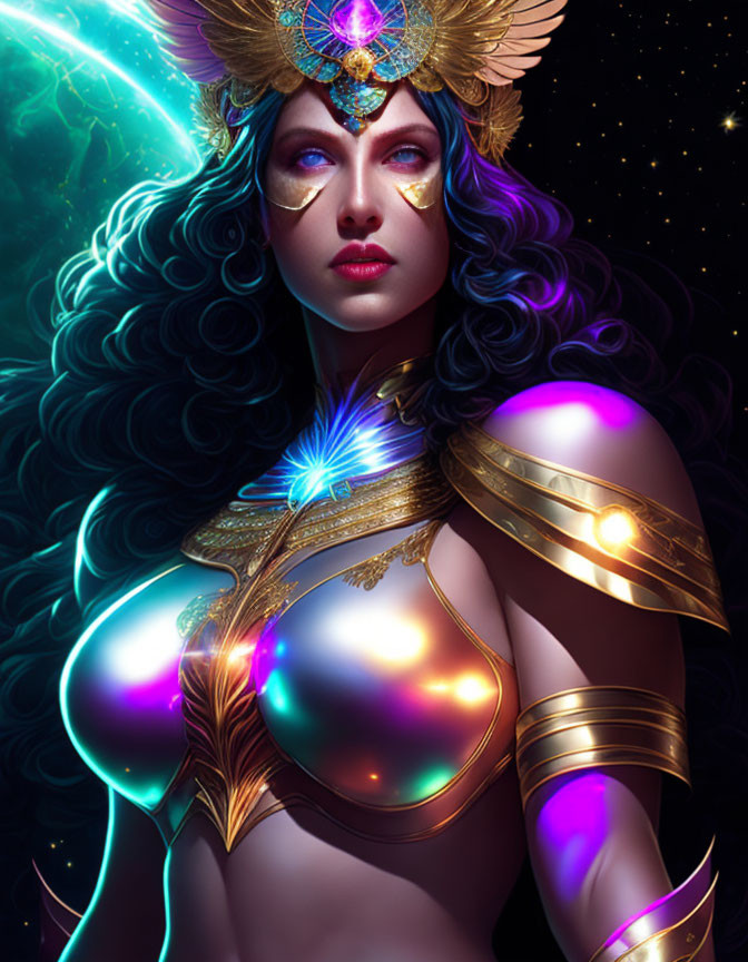 Vibrant blue hair woman in cosmic armor with glowing elements