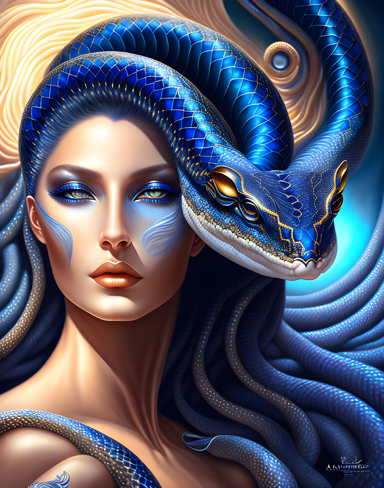 Illustrated woman with blue serpent-like creatures in blonde hair against dark background