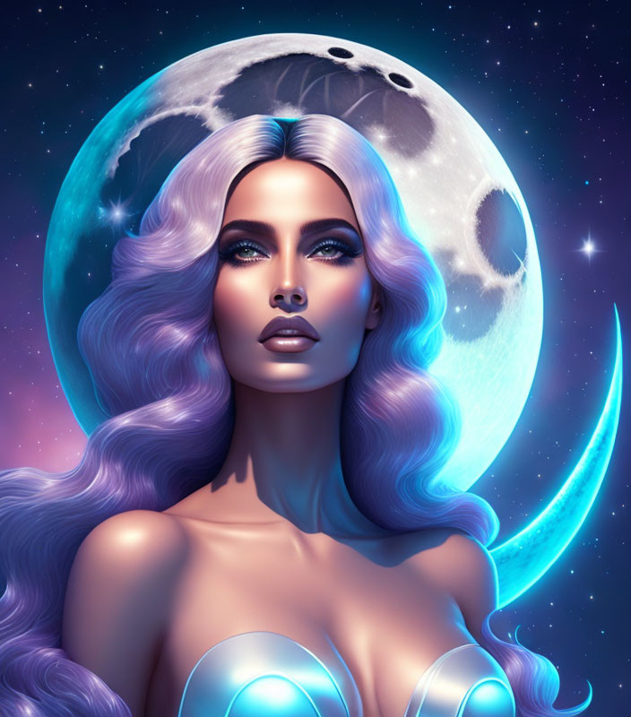 Purple-haired woman in cosmic scene with crescent moon and stars